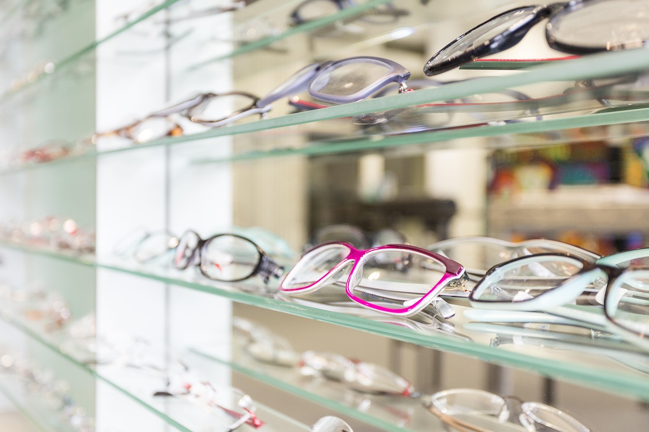 A selection of eyeglass frames displayed at Sunil Mahadev Optometrist